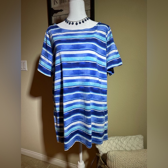 CHAPS Women's Striped Blue/White Short Sleeve Shirt w/Accent Buttons - Size 3X - Picture 1 of 8